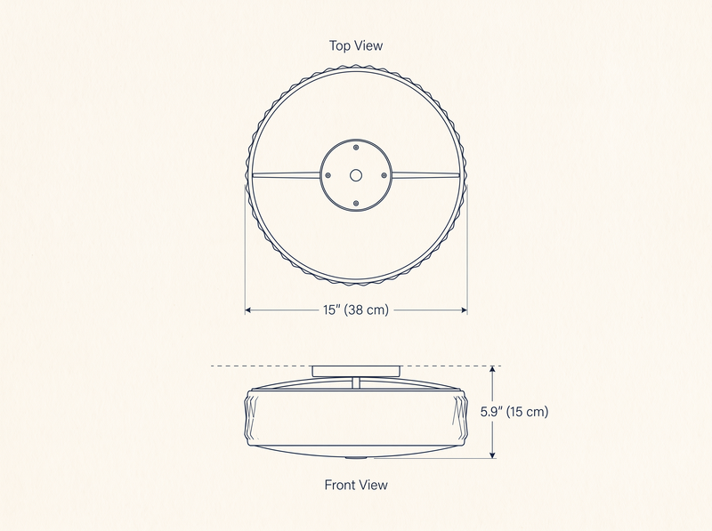 Adler Ceiling Light technical dimension drawing showing front and top views, diameter 15 inches (38 cm) and height 5.9 inches (15 cm).