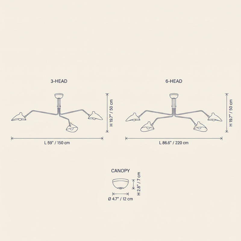 Multi-Arm Spider Ceiling Light technical dimension drawing showing 3-Head and 6-Head configurations with canopy detail.