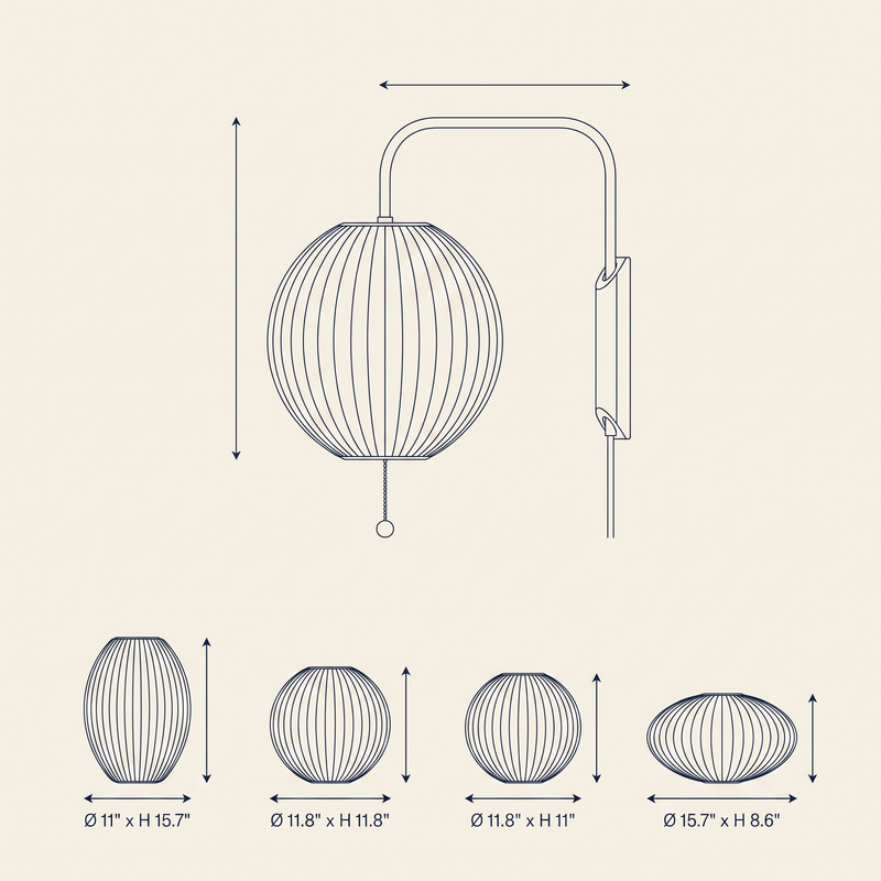 Bubble Ball Wall Sconce technical dimension drawing showing four shade size configurations.