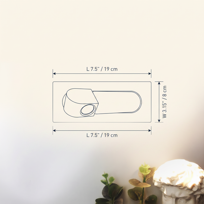Modern LED Bedside Reading Light technical dimension drawing, length 7.5 inches / 19 cm, width 3.15 inches / 8 cm.