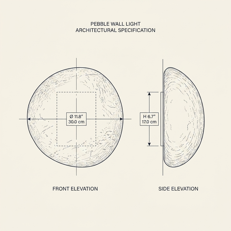 Pebble Stone Wall Light technical dimension drawing showing front and side elevation, diameter 11.8 inches, depth 6.7 inches