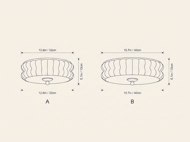 Art Deco Vintage Ceiling Light technical dimension drawing showing two size elevations: 12.6in/32cm and 15.7in/40cm diameter, both 5.1in/13cm height