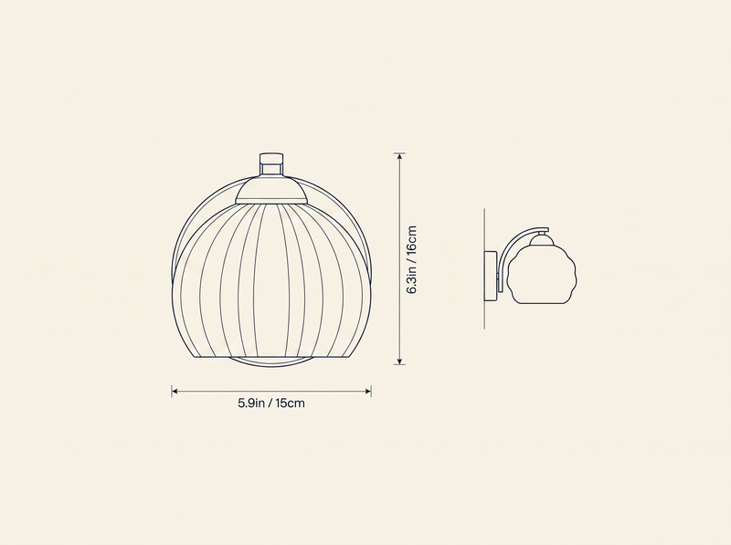 Art Deco Vintage Wall Lamp technical dimension drawing, diameter 5.9in/15cm, height 6.3in/16cm