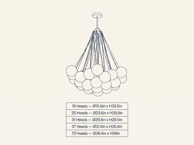 Bubble Chandelier technical dimension drawing showing all 5 verified head-count configurations