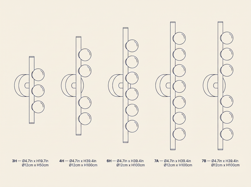 Brass Glass Tube Wall Lamp technical dimension drawing showing 3H, 4H, 6H, 7A, 7B configurations