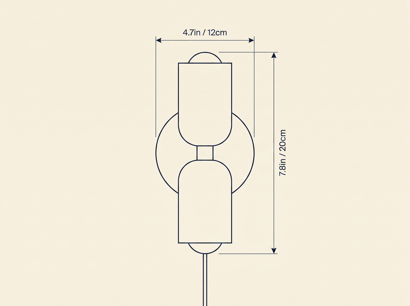 Couleur Double Plug In Wall Lamp technical dimension drawing, width 4.7in, height 7.8in