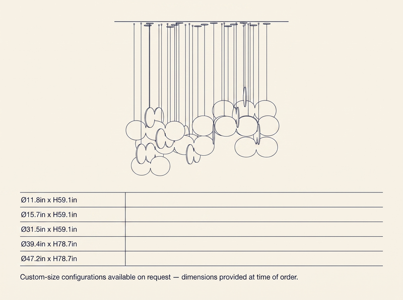 Clouds Iridescent Disc Chandelier technical dimension drawing showing all 5 verified sizes