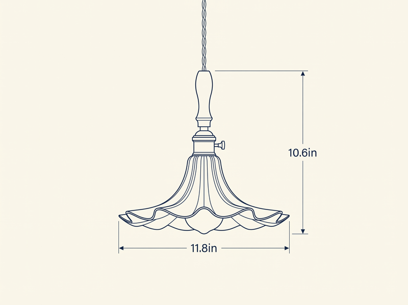 Bloom Twist Pendant Lamp technical dimension drawing, diameter 11.8in, height 10.6in