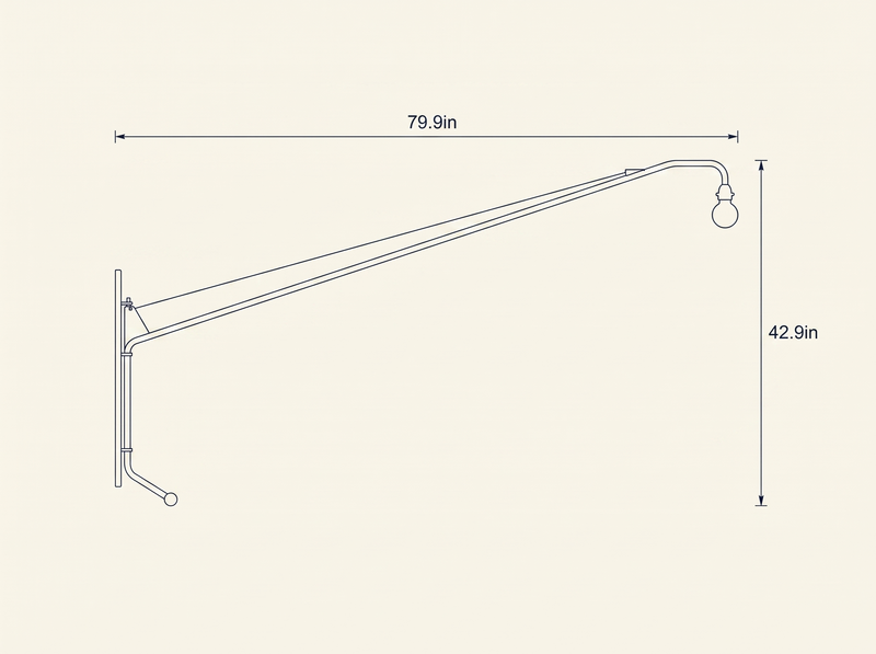 Black Long Arm Wall Lamp technical dimension drawing, reach 79.9in, height 42.9in