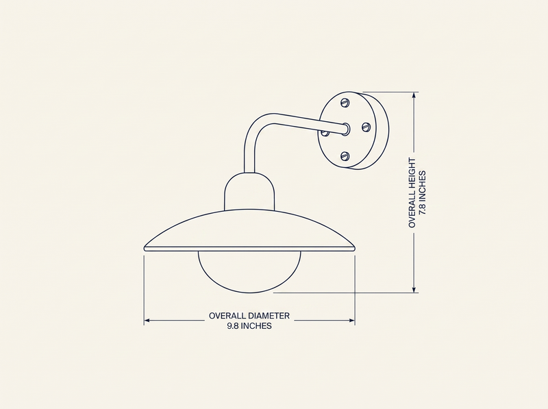 NYRVELA Dome Arm Wall Lamp technical dimension drawing, front elevation, overall diameter 9.8 inches, overall height 7.8 inches
