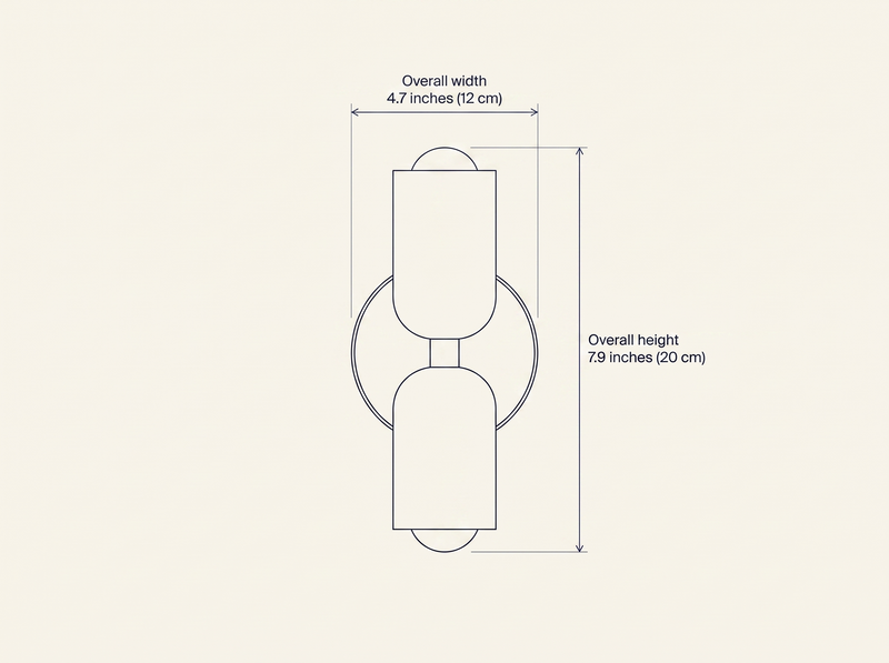 NYRVELA Couleur Double Wall Lamp technical dimension drawing, front elevation, overall width 4.7 inches (12 cm), overall height 7.9 inches (20 cm)