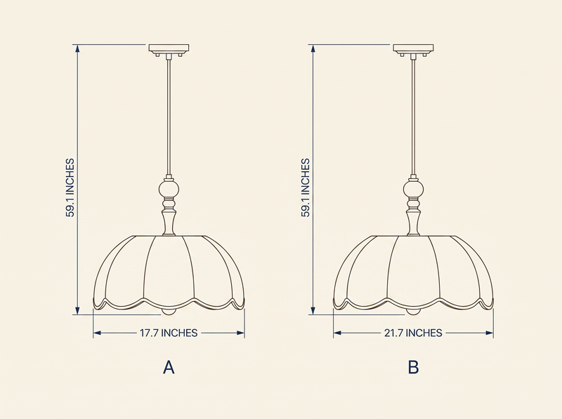 NYRVELA Elowen Blossom Lantern Pendant Lamp technical dimension drawing, two size configurations A and B, diameters 17.7 and 21.7 inches, height 59.1 inches