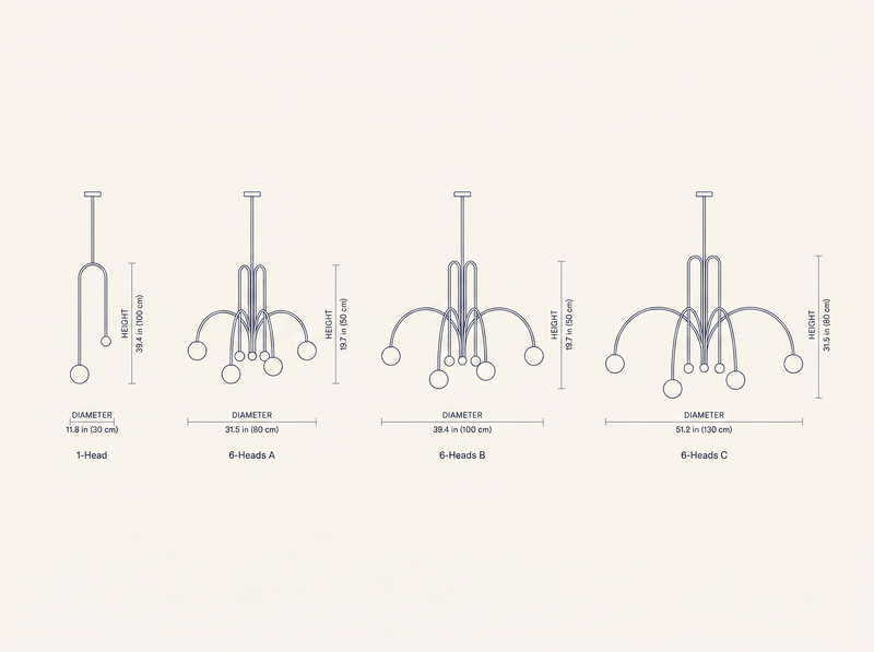 NYRVELA Gran Finale Suspension technical dimension drawing, 1-Head single-arm configuration plus 6-Heads fountain configuration at three sizes