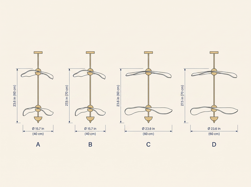 NYRVELA Envolee Double Biscuit Pendant Light technical dimension drawing, four size configurations A through D