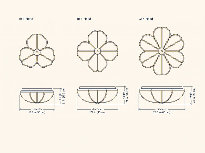 NYRVELA Flower Shape Glass Recessed Ceiling Light technical dimension drawing, three head configurations 3-Head, 4-Head, and 6-Head with correct petal counts