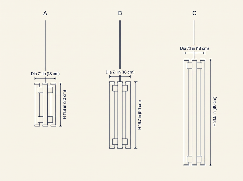 Lia Pendant Light dimension specifications drawing showing three available suspended lengths