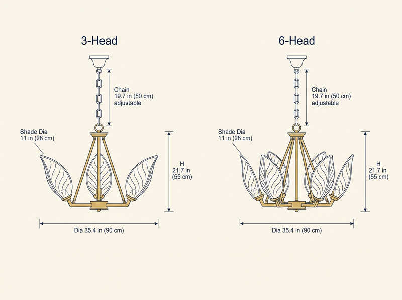 Lotus Leaf Glass Chandelier dimension specifications drawing comparing 3-head and 6-head configurations