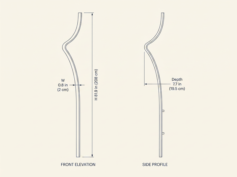 Minimalist Curving Ribbon LED Wall Sconce dimension specifications drawing with front and side profile views