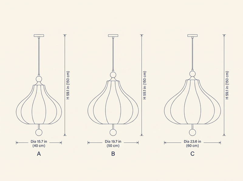 Maribel Floral Pendant Lamp dimension specifications drawing showing three available shade diameters