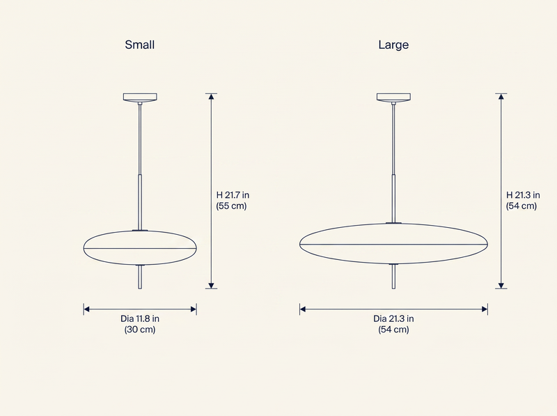 Opal Disc Suspension Lamp dimension drawing comparing Small and Large sizes