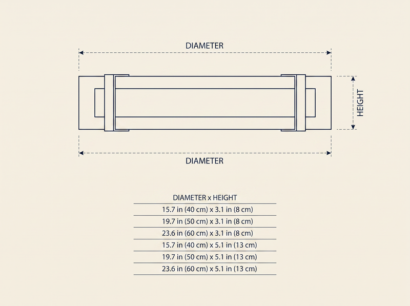 Round Low Profile Ceiling Light dimension drawing showing all six diameter and height size options