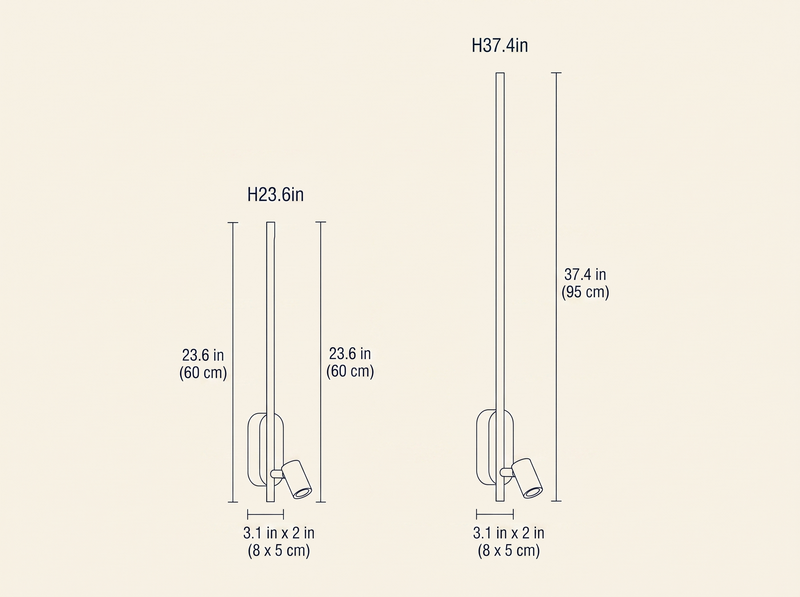 Stick Shaped Metal Sconce dimension drawing comparing the two available heights
