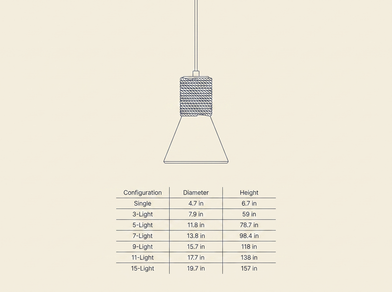 Terra Rope Pendant Light dimension drawing showing diameter and height across configurations