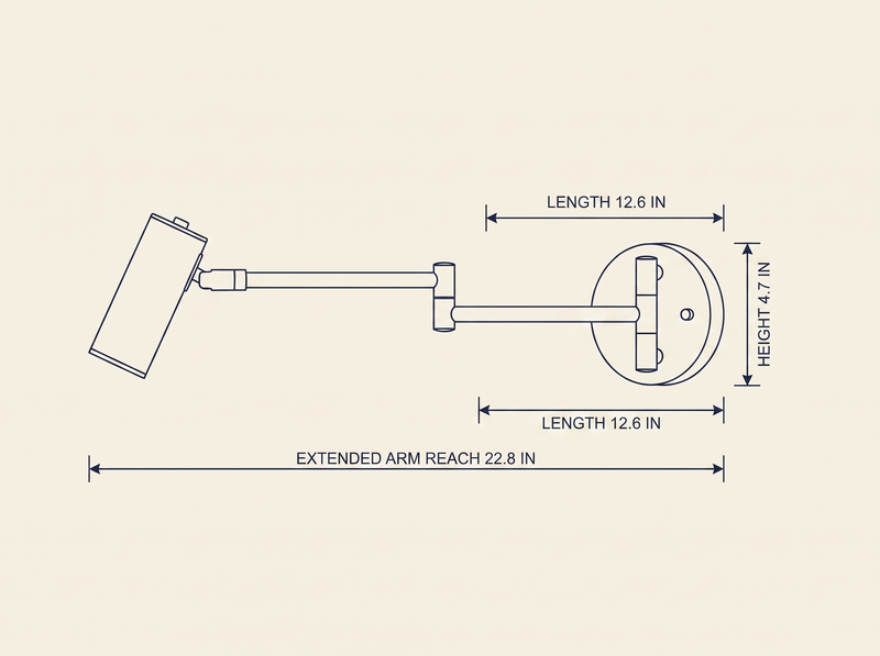 Swing Arm Wall Sconce dimension drawing showing extended arm reach, length, and height