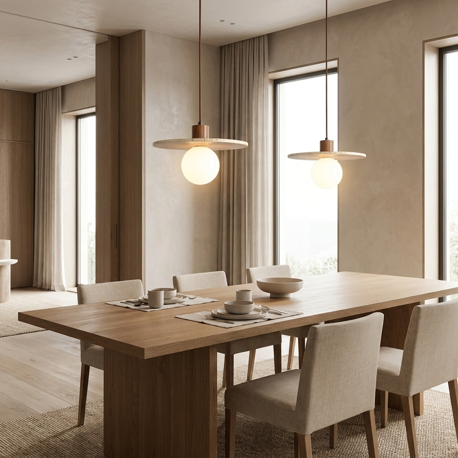 Travertine Disk Globe Pendant Light hanging above a dining table