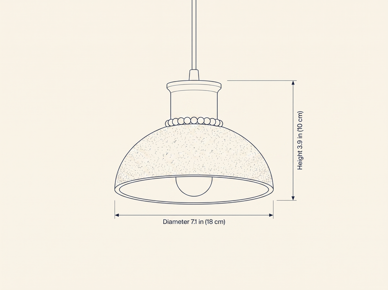 Travertine Wooden Bead Pendant Lamp dimension drawing showing diameter and height