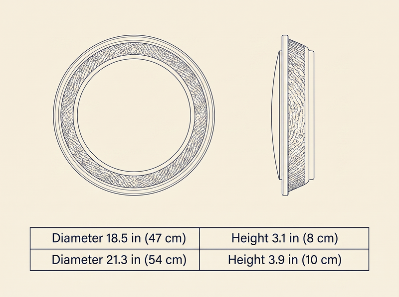 Travertine Wood Ceiling Light dimension drawing showing diameter and height for both available sizes