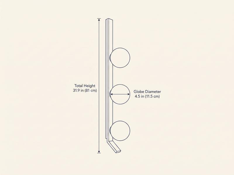 Vertical Balls Bar Sconce dimension drawing showing total height and globe diameter