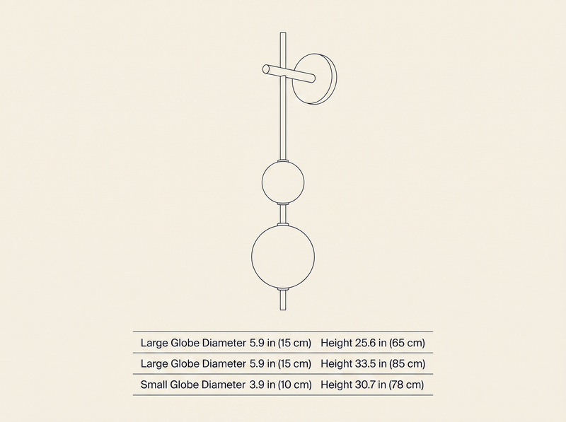 Vertical Globe Wall Lamp dimension drawing showing diameter and height for all three configurations