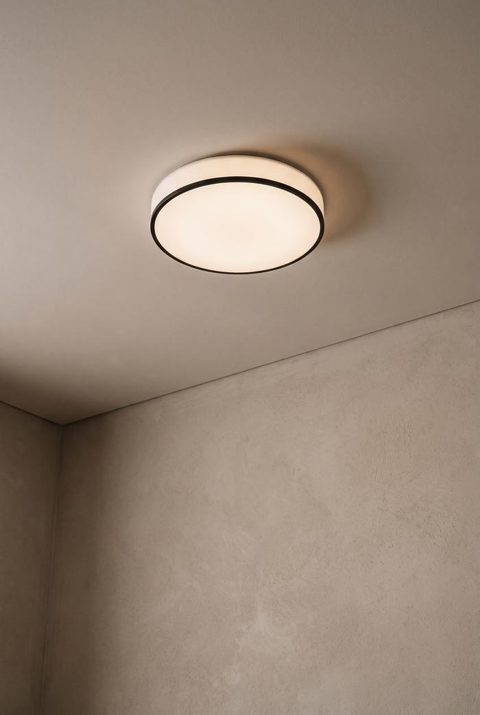 Minimal flush-mount ceiling light on a pale plaster ceiling