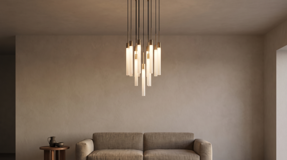 BRAND-01-HERO — pendant cluster in a minimal warm living space