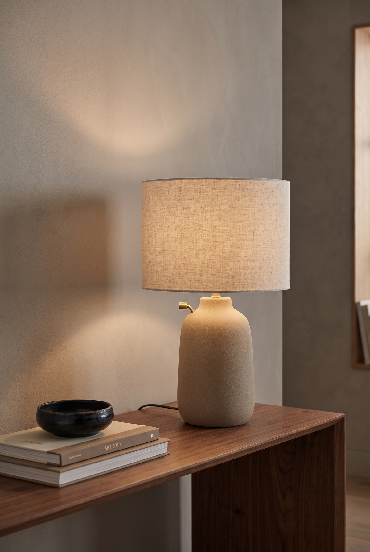 BRAND-06-TABLE — ceramic table lamp on a walnut console
