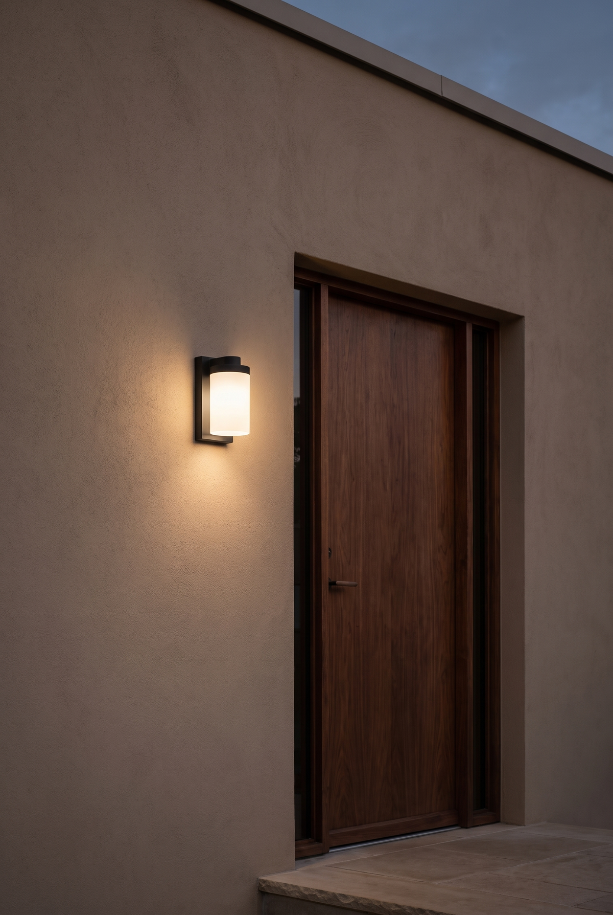 BRAND-08-OUTDOOR — outdoor wall light at a timber door at dusk