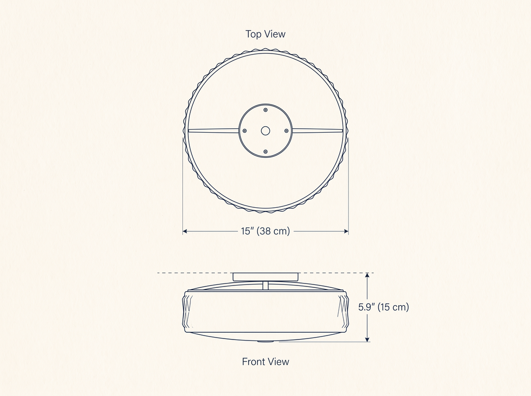 Adler Ceiling Light technical dimension drawing showing front and top views, diameter 15 inches (38 cm) and height 5.9 inches (15 cm).