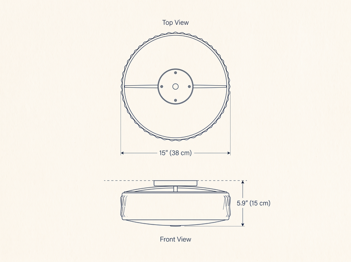 Adler Ceiling Light technical dimension drawing showing front and top views, diameter 15 inches (38 cm) and height 5.9 inches (15 cm).