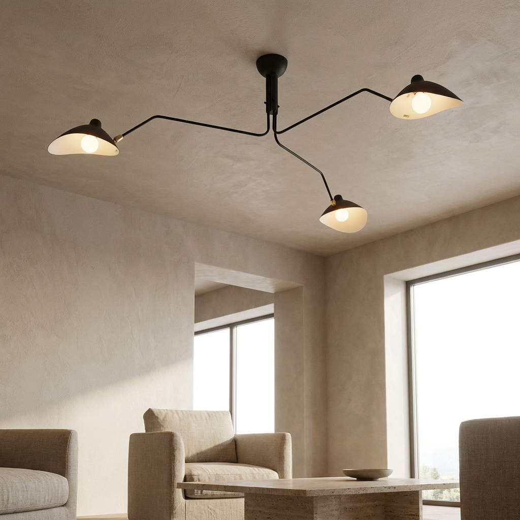 Multi-Arm Spider Ceiling Light in Black (3-Head) installed in a contemporary living room, viewed from below showing the sculptural arm silhouette against a plastered ceiling.