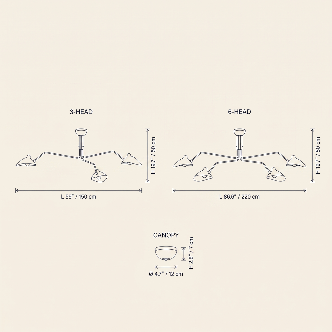 Multi-Arm Spider Ceiling Light technical dimension drawing showing 3-Head and 6-Head configurations with canopy detail.