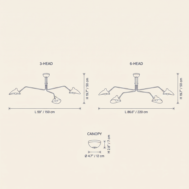 Multi-Arm Spider Ceiling Light technical dimension drawing showing 3-Head and 6-Head configurations with canopy detail.