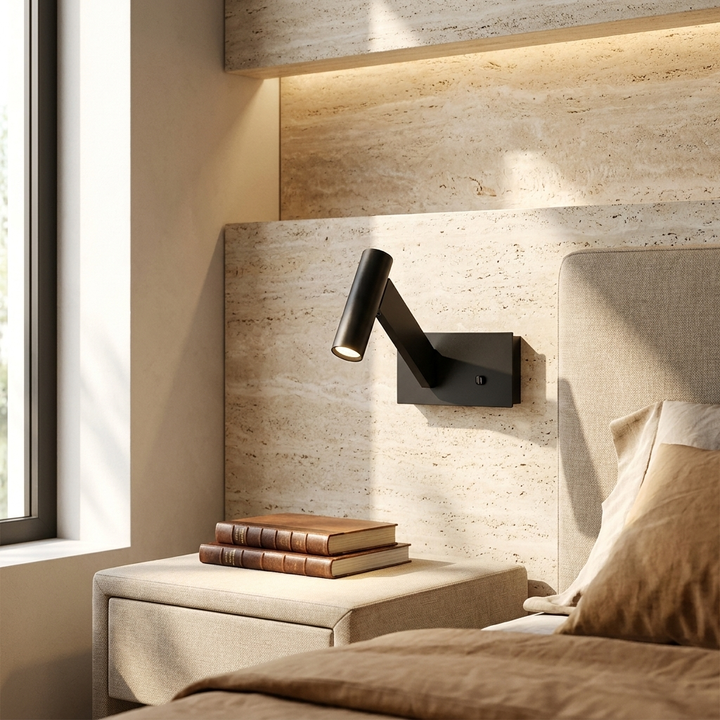 Modern LED Bedside Reading Light in Matt Black, mounted beside a bed in a different contemporary bedroom.