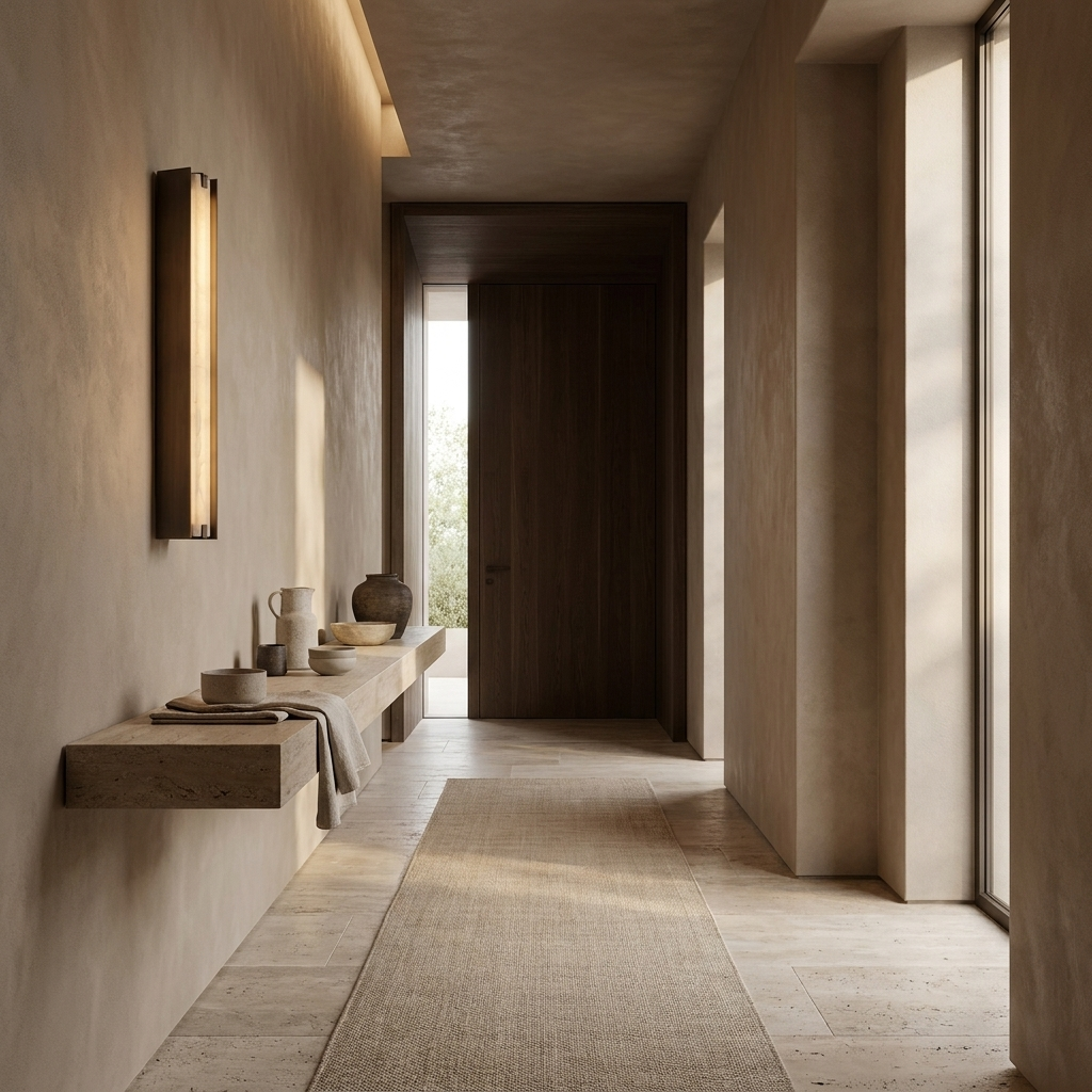 Isolde Alabaster Wall Sconce in Bronze & White, installed in a contemporary hallway.