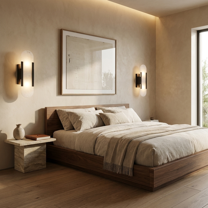 Oblong Alabaster Wall Sconce in Black, flanking a bed in a contemporary bedroom.