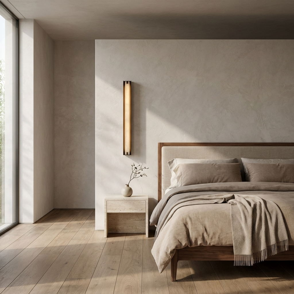 Isolde Alabaster Wall Sconce in Bronze &amp; White, installed beside a bed in a contemporary interior.