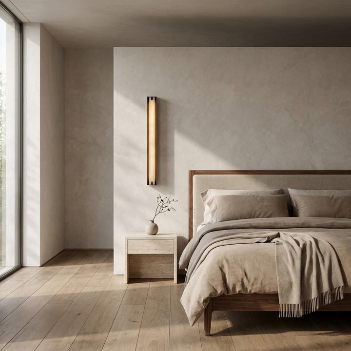 Isolde Alabaster Wall Sconce in Bronze &amp; White, installed beside a bed in a contemporary interior.