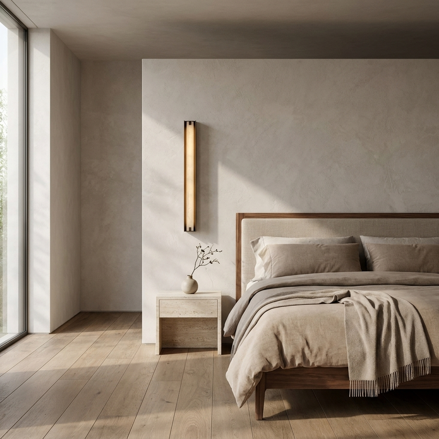 Isolde Alabaster Wall Sconce in Bronze & White, installed beside a bed in a contemporary interior.