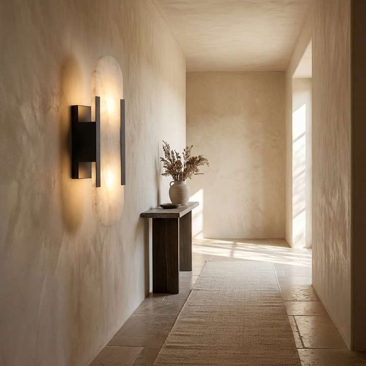 Oblong Alabaster Wall Sconce in Black, installed in a contemporary hallway.