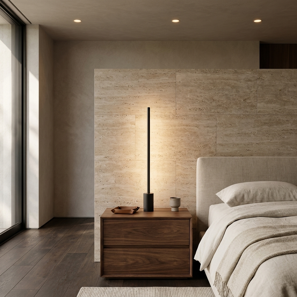 Luma Rod Portable Rechargeable Sconce in Black, on a nightstand in a contemporary bedroom.